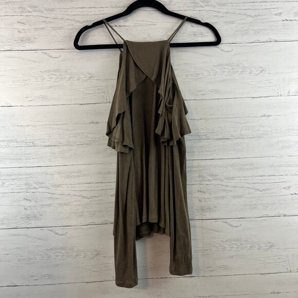 Hummingbird Olive Green Ribbed Long Sleeve Cold Shoulder Top Size M - Picture 1 of 7